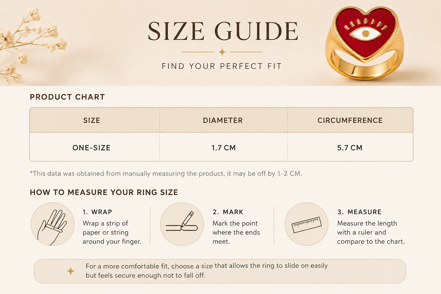 Ring size guide with product chart and measurement instructions on a beige background